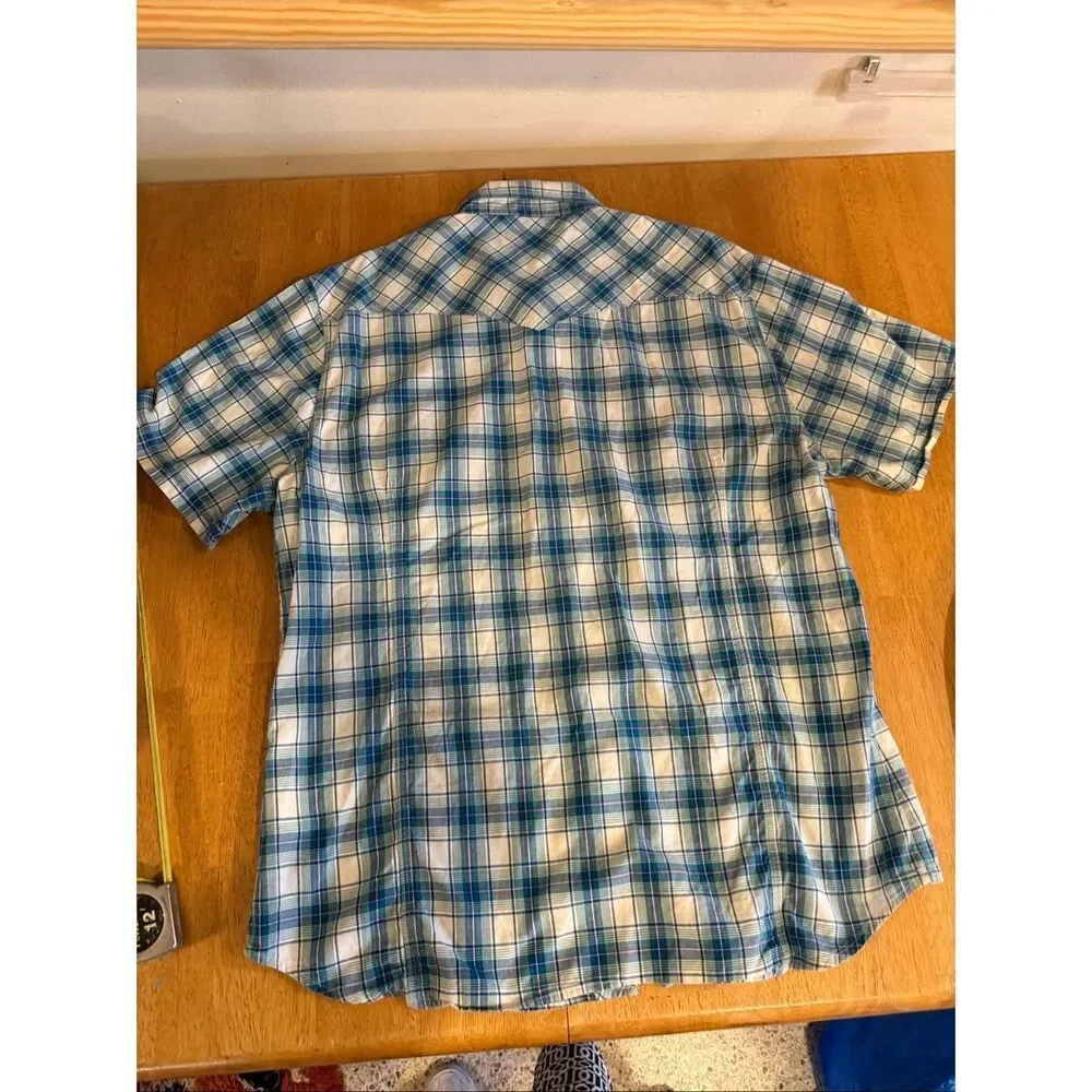 True Religion Men’s XL Blue Plaid Western Pearl Snap Shirt Short Sleeve Button U
